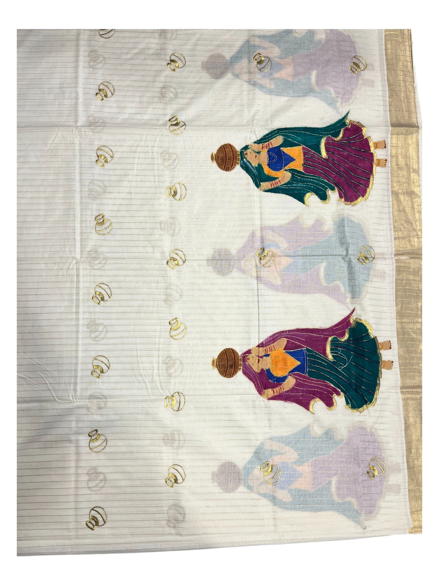 Southloom Kerala Cotton Kasavu Line Saree with Hand Painted &Embroidery Design