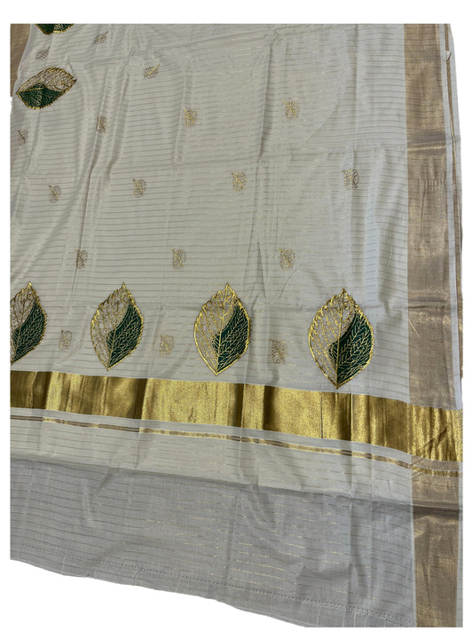 Southloom Kasavu Lines Saree with High Quality Embroidery Work in Kasavu and Green
