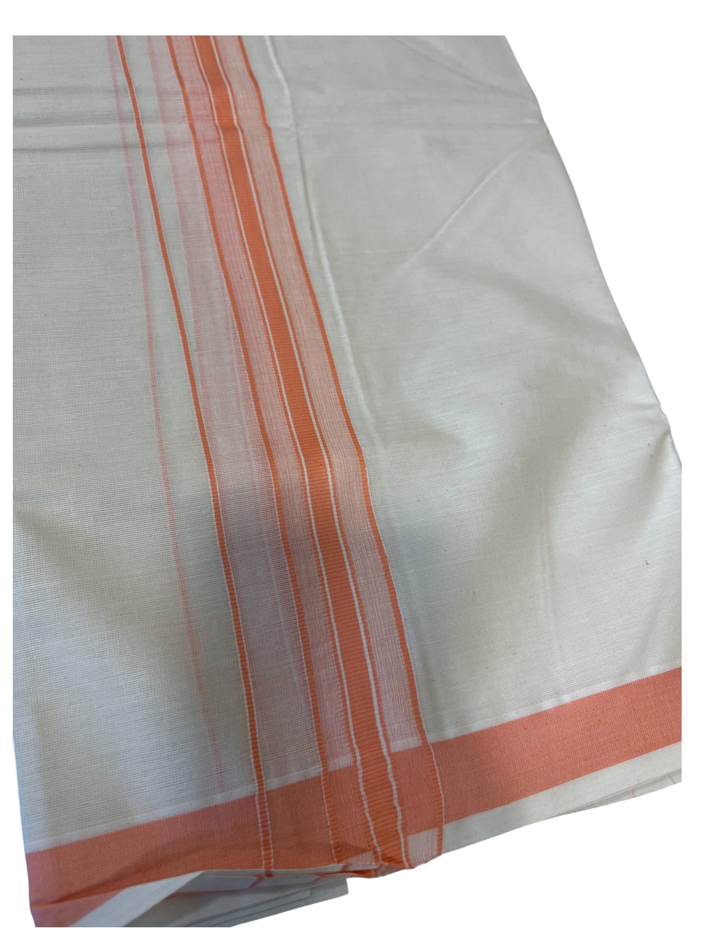 Southloom Pure Cotton Double Mundu With White Lines & Orange Border (South Indian Kerala Dhoti)