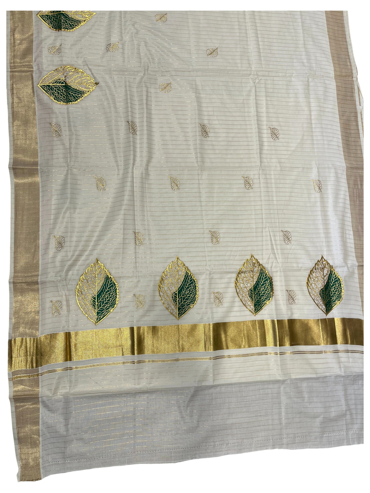 Southloom Kasavu Lines Saree with High Quality Embroidery Work in Kasavu and Green