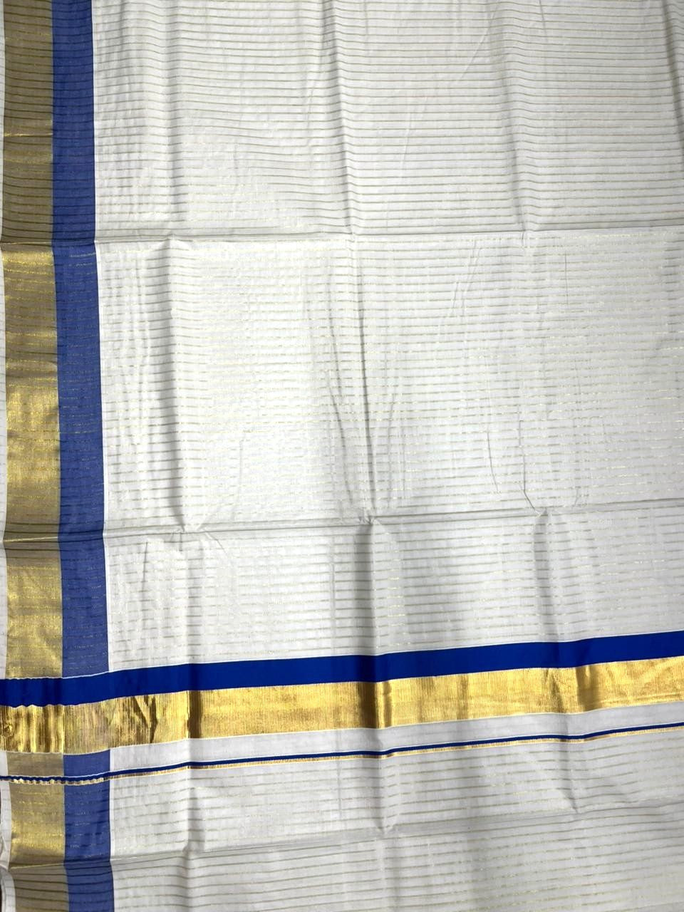 Southloom Pure Cotton Kerala Saree with Gold Kasavu Lines Across Body and Blue Border