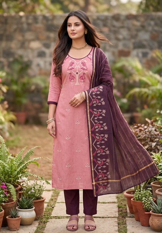 Southloom™ Cotton 3 Piece peach Salwar Material with printed design