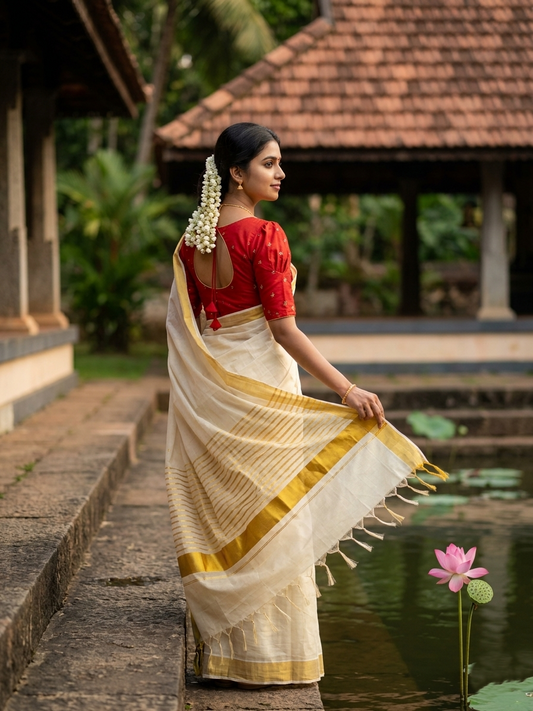 Southloom Kerala Tissue Replica Kasavu Saree with Stripes on Pallu with Tussels