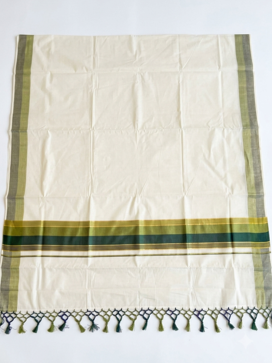 Kerala Cotton Kasavu Saree With Olive Green And Bottle Green Borders SL499