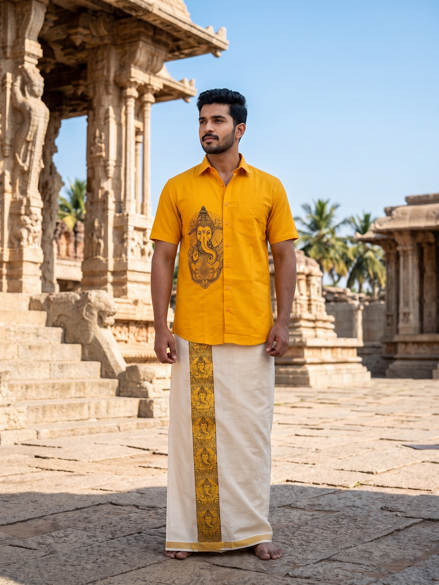 Southloom Ganesha Art Work Men's Combo (Shirt + Mundu) in Yellow