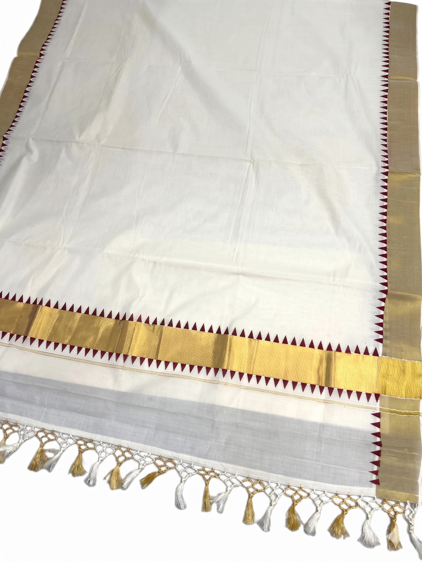 Southloom Kerala Cotton Kasavu Saree With Maroon Temple Border And Tassels