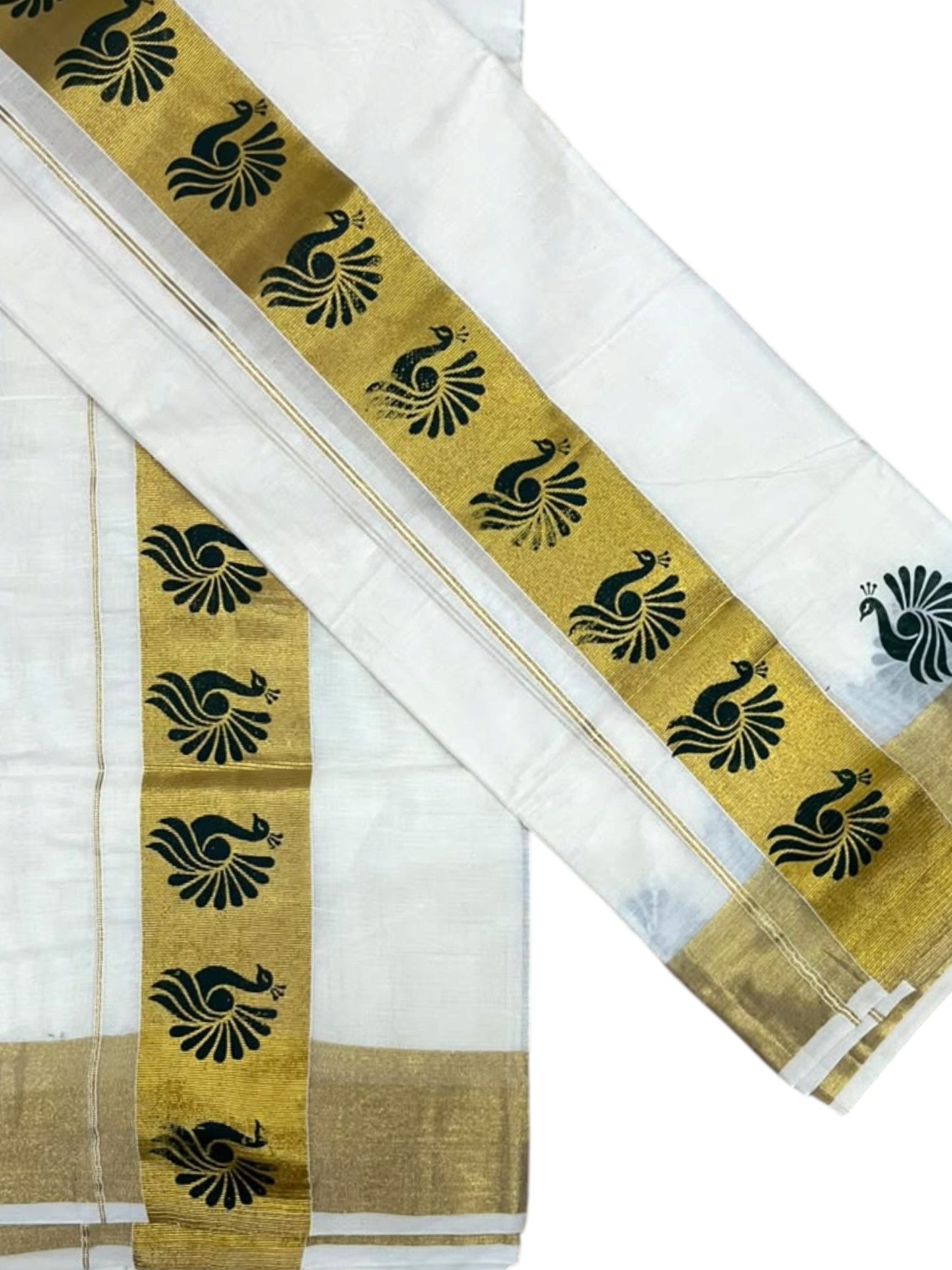 Southloom Pure Cotton Set Mundu with Gold Kasavu and Green Floral Digital Print in 2.80 Mtrs SL383