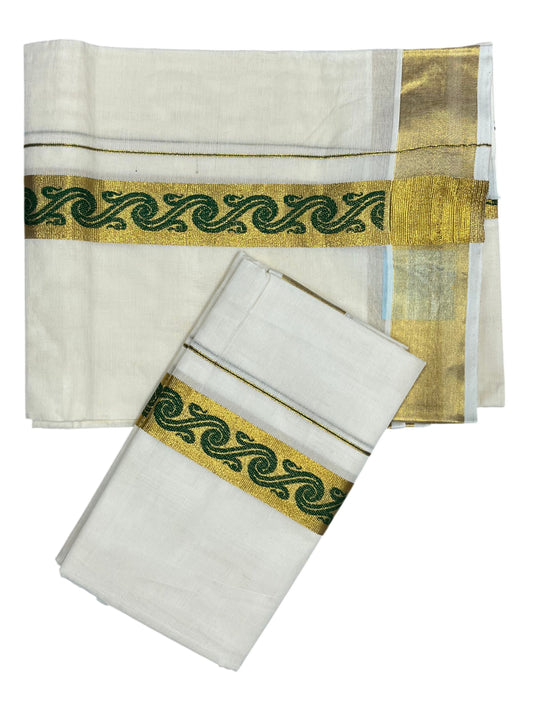 Southloom Kerala Pure Cotton Set mundu (Mundum Neriyathum) with Green Block Prints on Kasavu Border-2.80Mtrs SL426