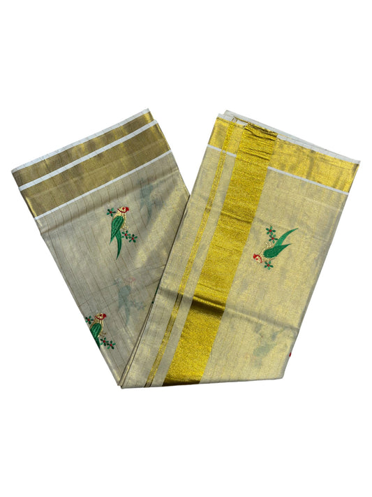 Southloom Kerala Tissue Kasavu Saree with Parrot Embroidery Works