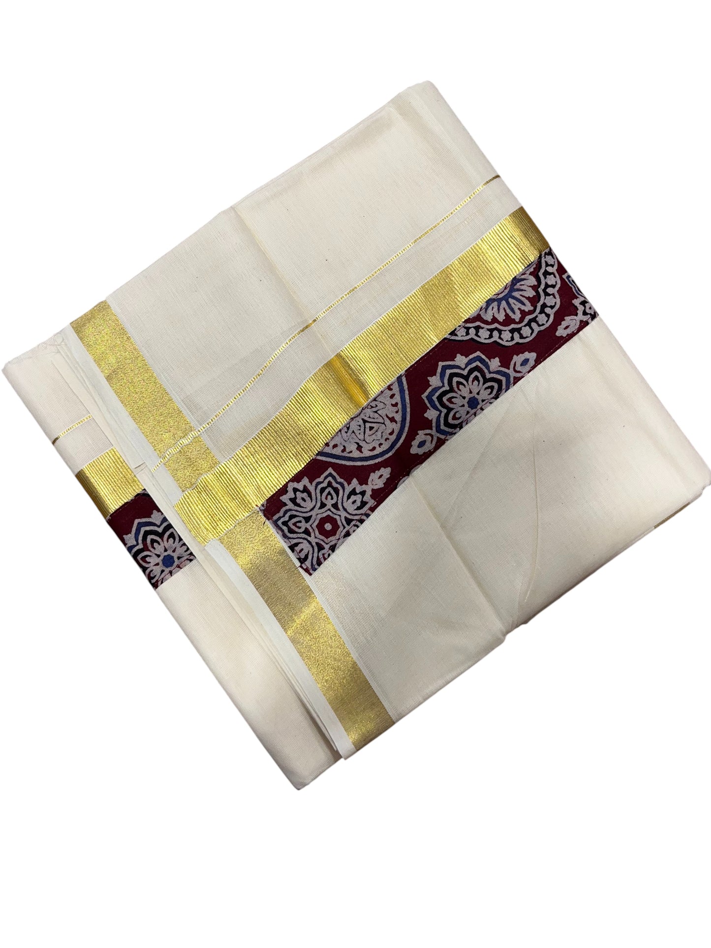 Southloom Pure Cotton Mundu with Kasavu And Blue Ajrakh Print (South Indian Kerala Dhoti)