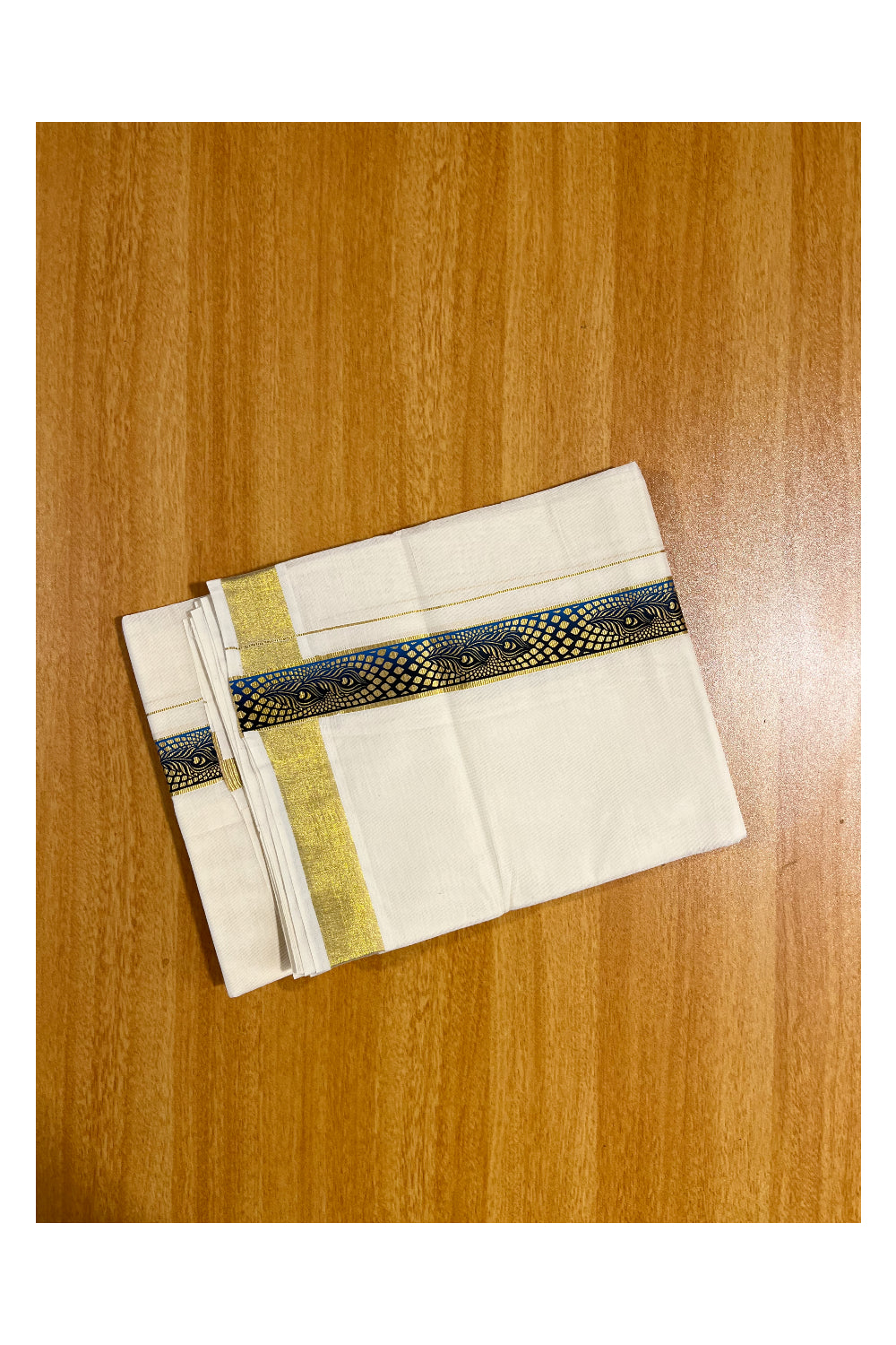 Southloom Pure Cotton Off White Double Mundu with Mural Printed Design Along Kasavu Kara