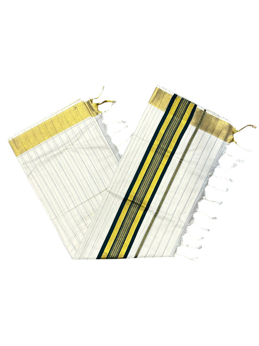 Southloom Kerala Cotton Kasavu Saree with Gold And Green Lines on Body SL331
