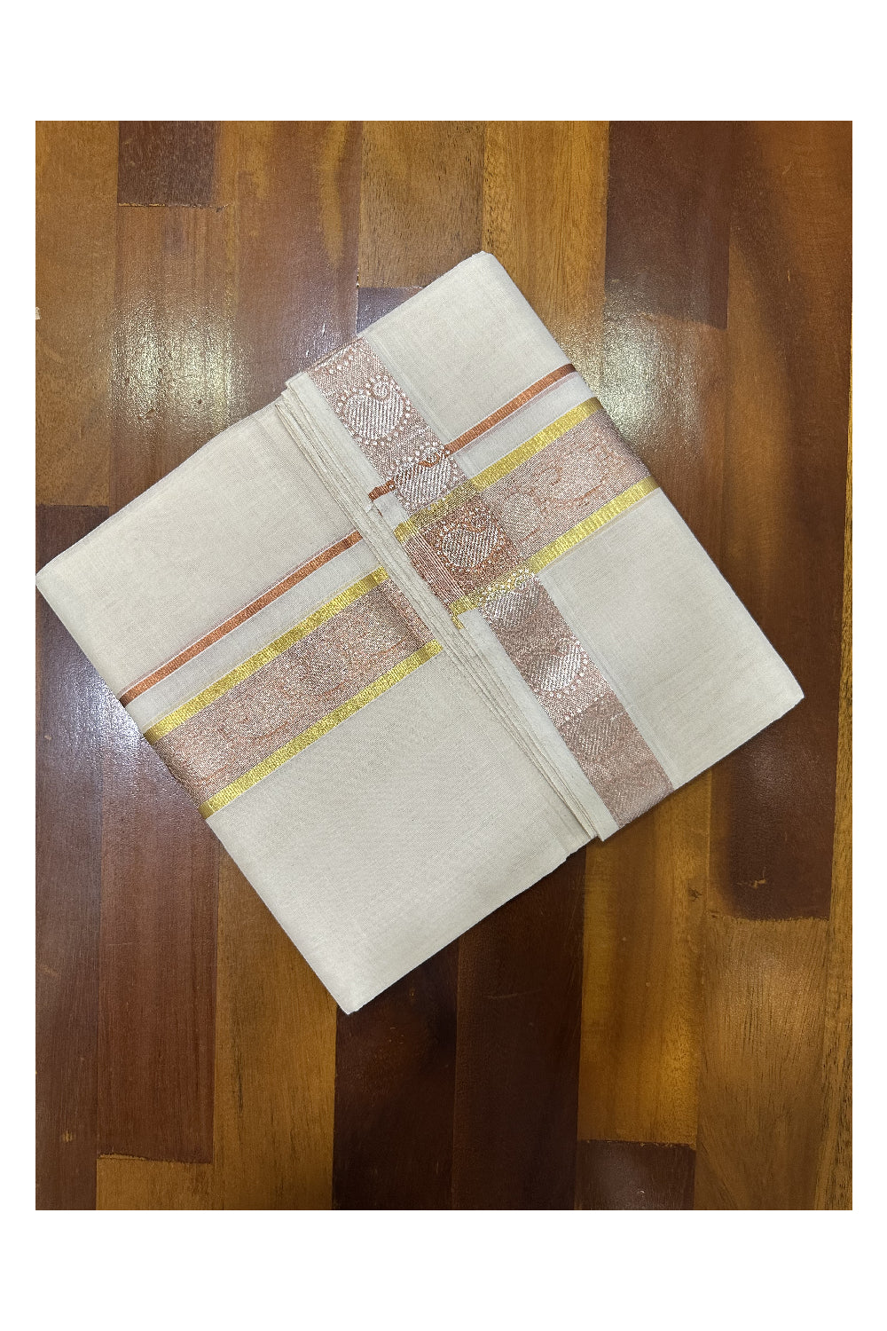 Southloom Premium Balaramapuram Handloom Gold and Copper Kasavu Mundu with Paisley Hand Woven Design in Kara and Border (South Indian Dhoti)
