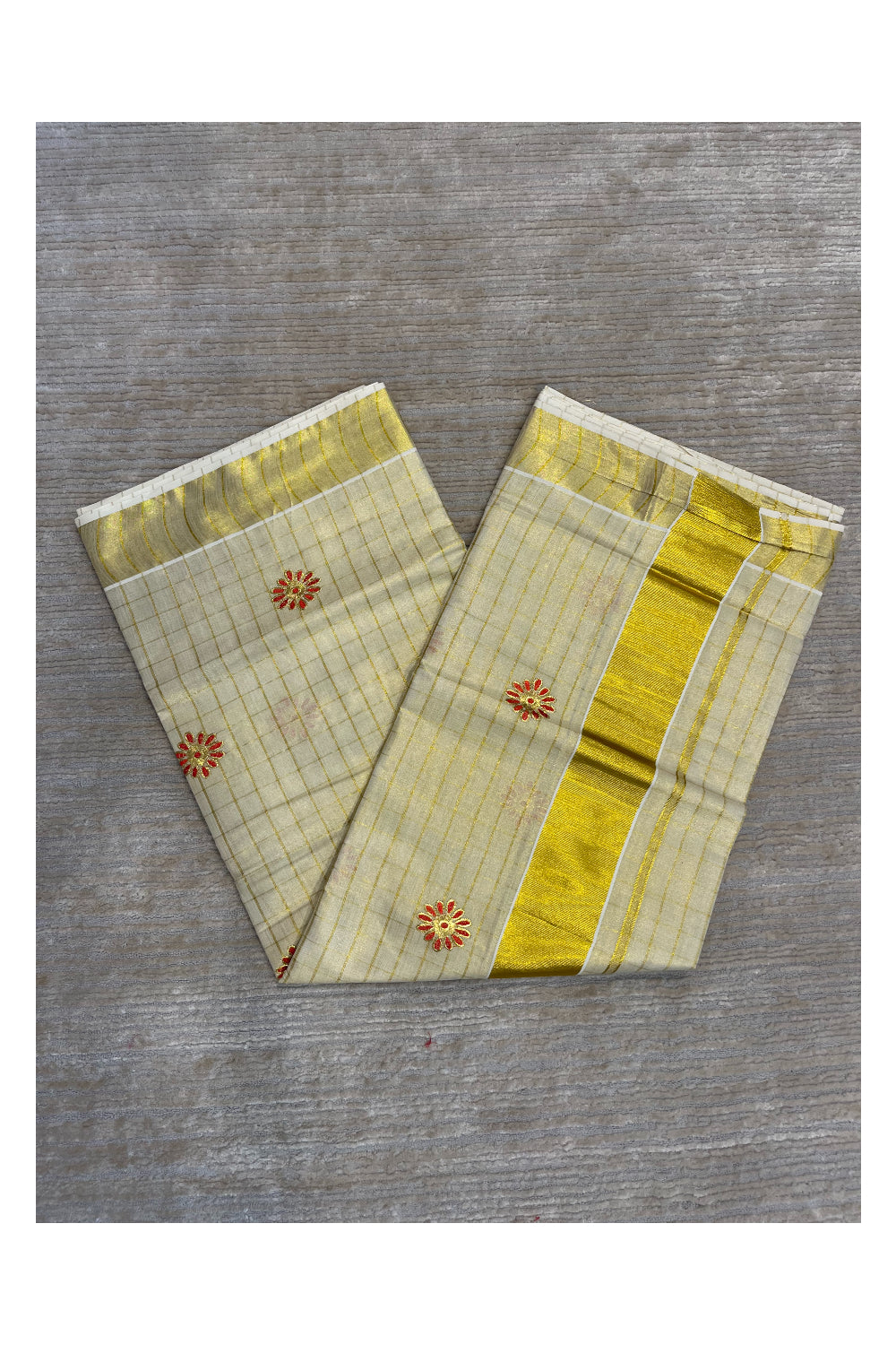 Southloom Kerala Tissue Kasavu Check Saree with Red Floral Embroidery Works