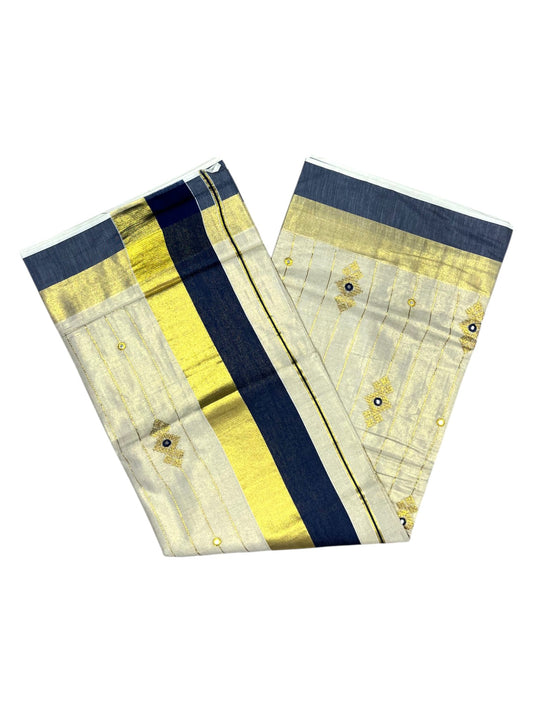 Southloom Kerala Tissue Kasavu Lines Saree with Golden And Blue Embroidery Works
