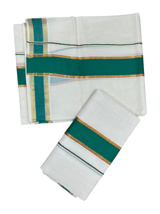 Kerala Cotton Single Set Mundu (Mundum Neriyathum) with Kasavu and Green Border in 2.80 Mtrs