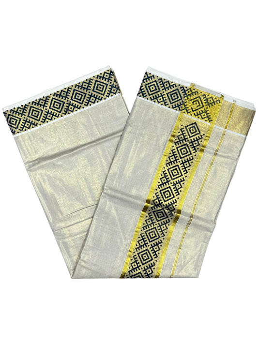 Southloom Kerala Tissue Kasavu Plain Saree Blue Hand Printed SL350