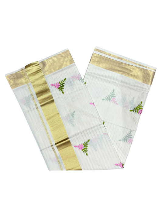 Southloom Kerala Cotton Kasavu Stripes Saree with Floral Embroidery Design in Pink and Green