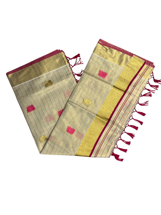 Southloom Kerala Tissue Kasavu Line Saree with Pink Lotus Embroidery Works