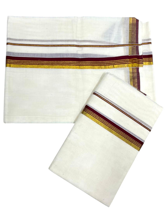 Pure Cotton Kerala Single Set Mundu (Mundum Neriyathum) with Maroon Kasavu Border in 2.80 Mtrs SL394