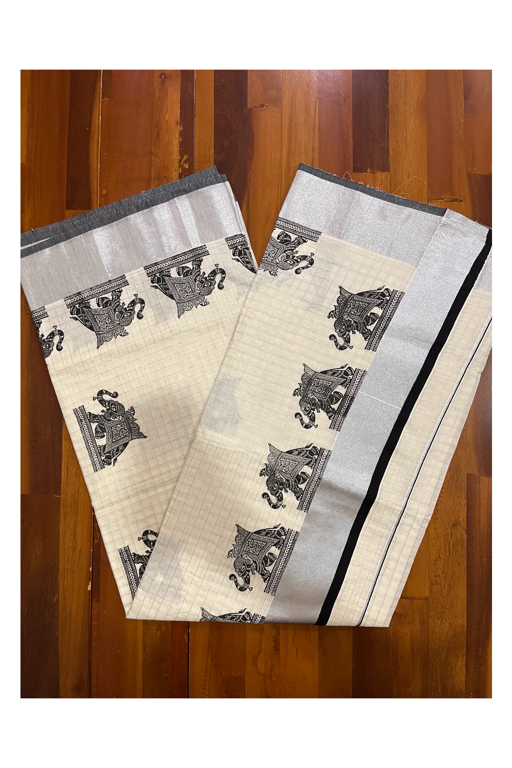 Southloom Silver Check Saree with Black Border and Elephant Block Prints