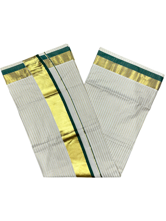 Southloom Pure Cotton Kerala Saree with Gold Kasavu Lines Across Body and Green Border