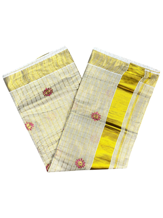 Southloom Tissue Kerala Kasavu Check Saree with Floral Embroidery Design in Pink