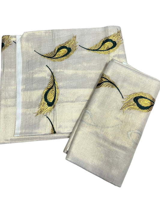 Southloom Kerala Tissue Kasavu Single Set Mundu (Mundum Neriyathum) Green and Golden Feather Embroidery Work