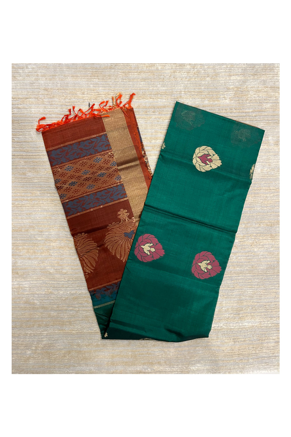 Southloom Pure Handloom Cotton Silk Saree With Handwoven Work Across Body and Blouse in Green And Maroon
