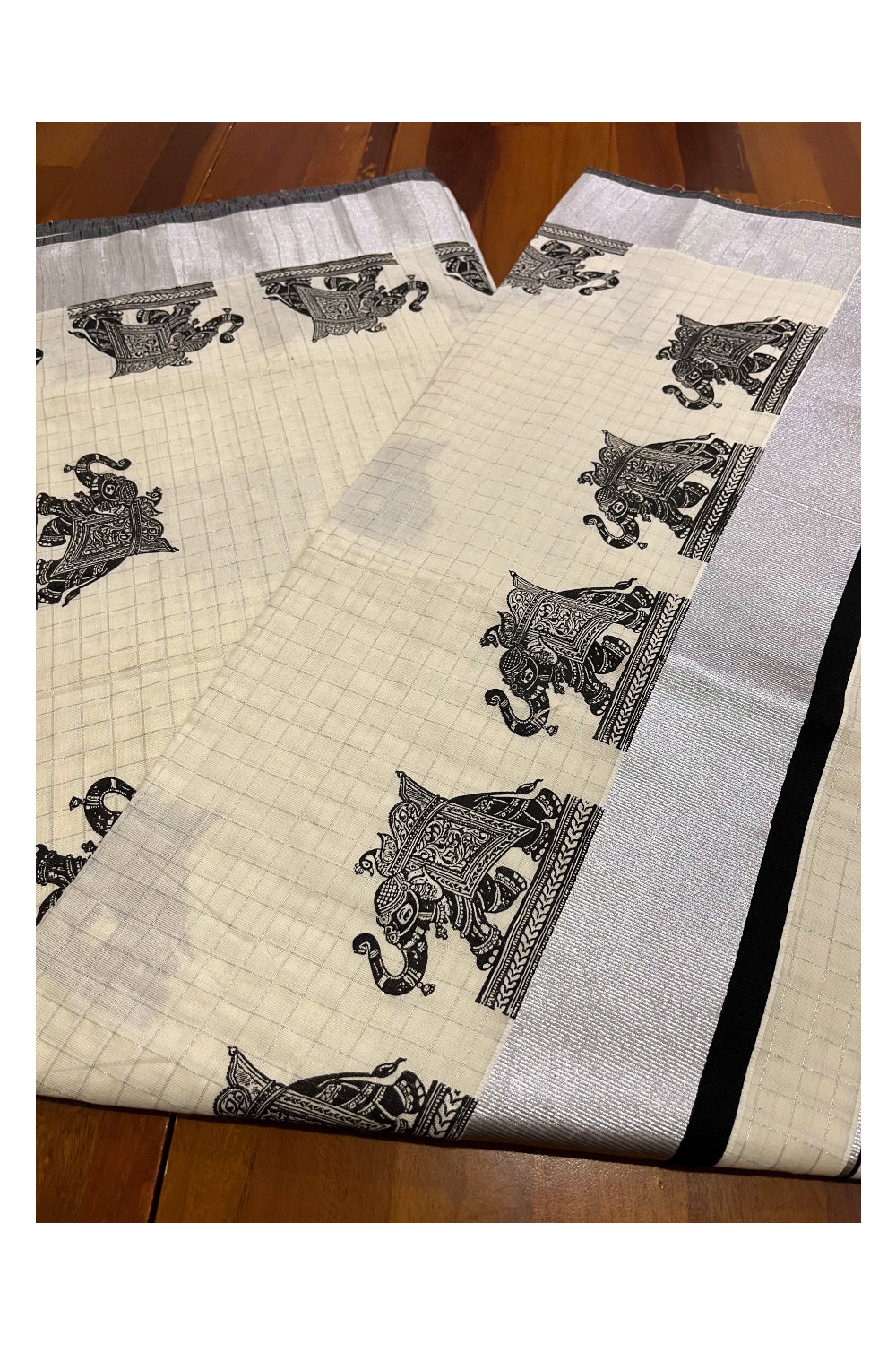 Southloom Silver Check Saree with Black Border and Elephant Block Prints