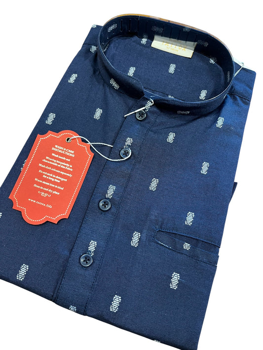 Southloom Blue Woven Patterns Semi Silk Short Kurta for Men