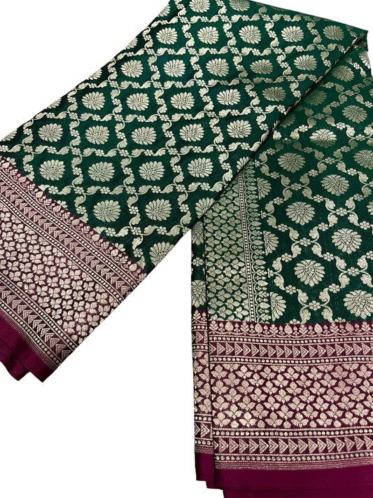 Southloom Banarasi Silk Saree with Woven Work on Body and Borders (Green & Magenta)