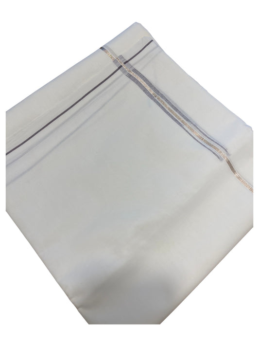 Pure White Cotton Double Mundu with Silver and Brown Chutti Kara (South Indian Dhoti)