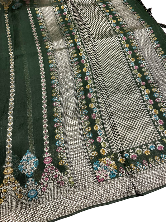 Southloom Banarasi Silk Saree with Woven Work on Body and Borders (Green & Maroon)