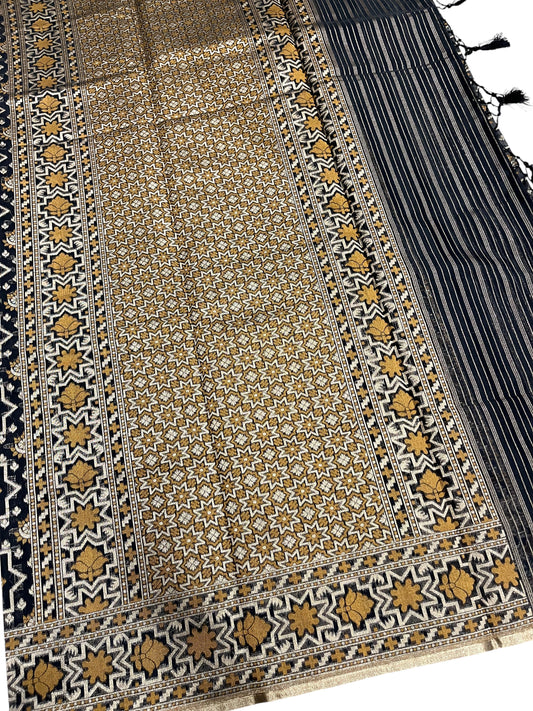 Southloom Cotton Banarasi Silk Saree with Woven Work on Body and Borders (Black & Yellow)