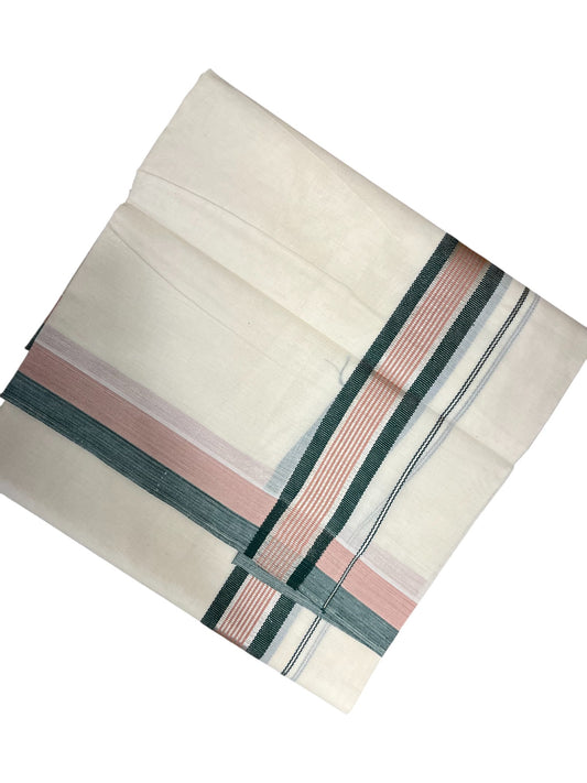 Southloom Kerala Pure Cotton Double Mundu with Green And Peach Silver Lines Border (South Indian Dhoti)