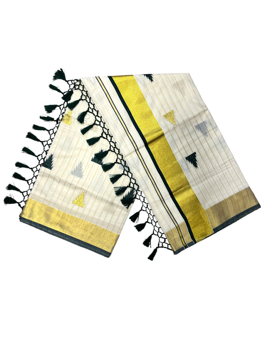 Kerala Cotton Kasavu Stripes Saree with Green and Gold Temple Embroidery Design on Body