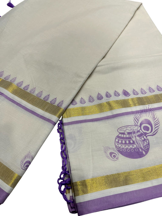 Southloom Cotton Kasavu Saree with Hand Printed Design on Border