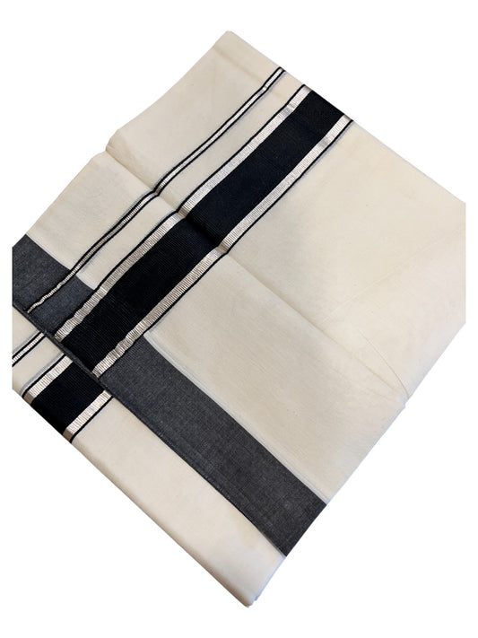 Southloom Pure Cotton Double Mundu With Silver Kasavu & Black Border (South Indian Kerala Dhoti)