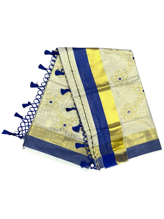 Kerala Tissue Kasavu Stripes Saree with Gold and Blue Floral Embroidery Design on Body