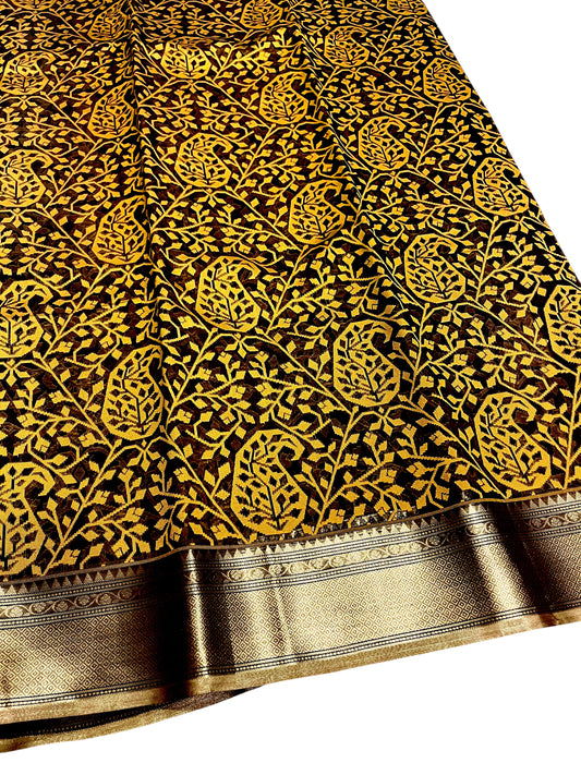 Southloom Cotton Banarasi Silk Saree with Woven Work on Body and Borders(Brown)