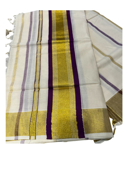 Southloom Kerala Cotton Kasavu Saree with Gold And Purple Lines on Body