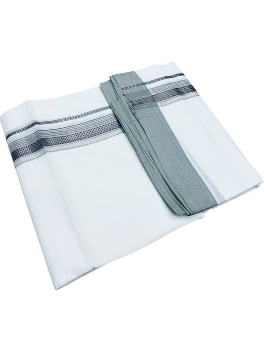 Southloom White Cotton Mundu with Light Green & Silver Line Border (South Indian Kerala Dhoti)