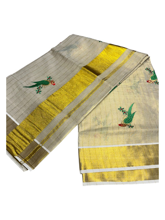 Southloom Kerala Tissu Kasavu Saree with Parrot Embroidery Works