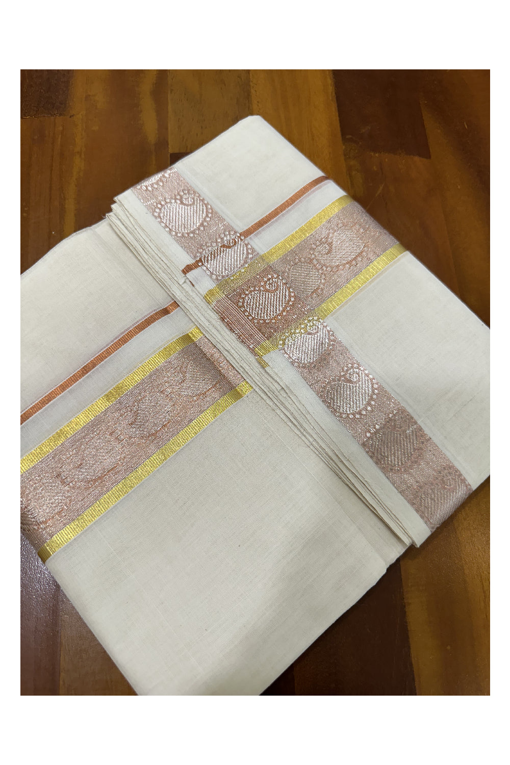 Southloom Premium Balaramapuram Handloom Gold and Copper Kasavu Mundu with Paisley Hand Woven Design in Kara and Border (South Indian Dhoti)