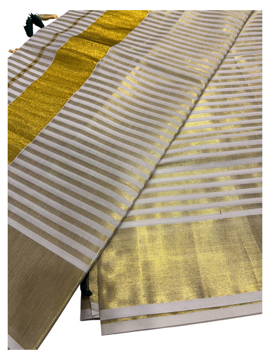 Southloom Kerala Cotton Kasavu Saree with Stripes on Body in Green