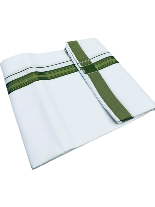 Southloom Pure White Single Cotton Mundu with Olive Green Border (South Indian Kerala Dhoti)