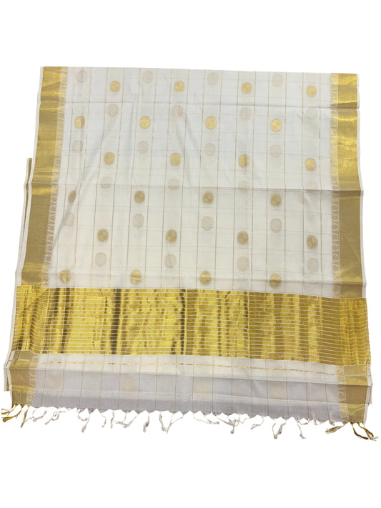 Southloom Cotton Kasavu Check Saree with Gold Polka Dot Prints Across Body