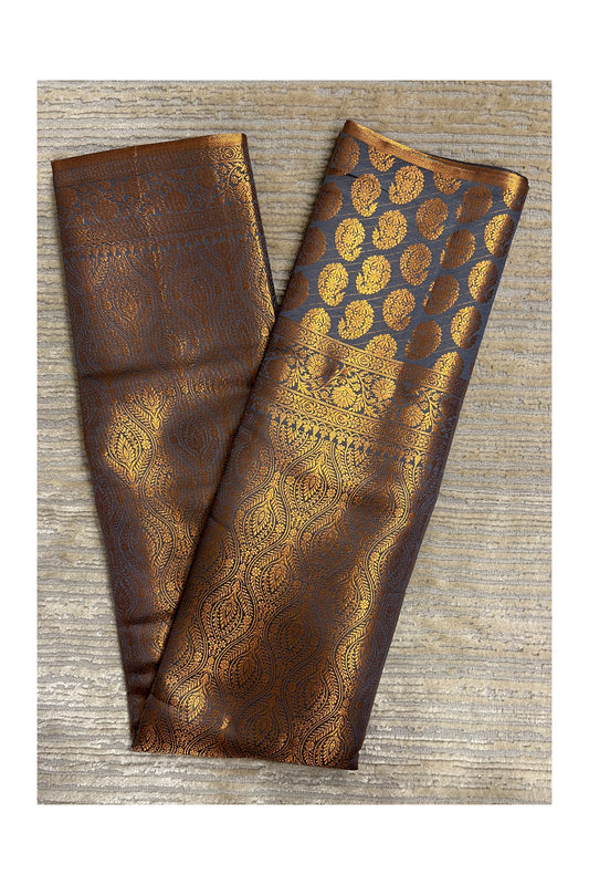 Southloom Banarasi Silk Brocade Bridal Saree WIth Woven Borders And Blouse Piece in Gold And Blue