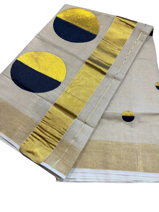 Southloom Kerala Tissue Kasavu Saree With Blue Polka Dots Embroidery on Body